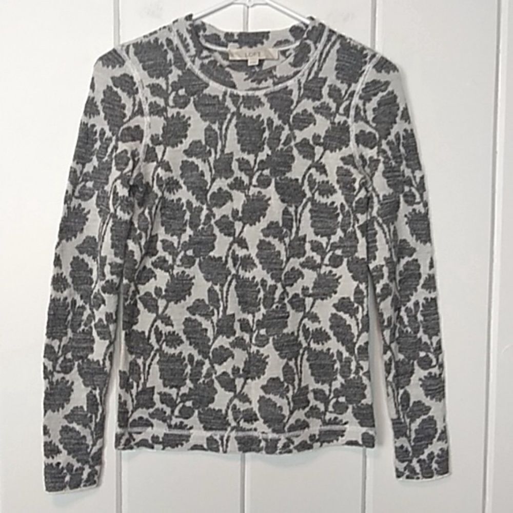 Loft White & Gray Crew Neck Wool Sweater XS